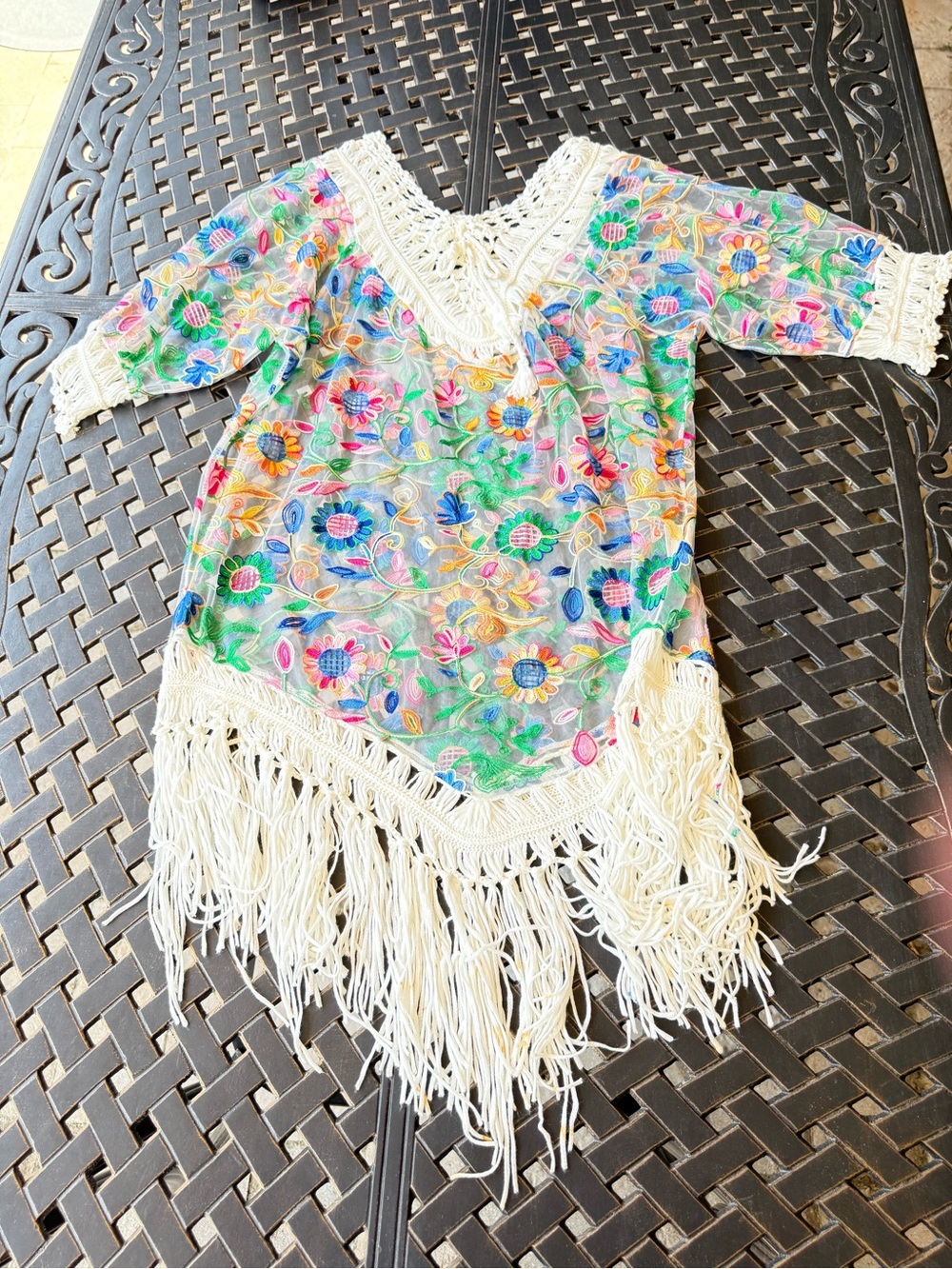 Boho Floral Embroidered Crochet Fringe Cover-Up - Multicolor